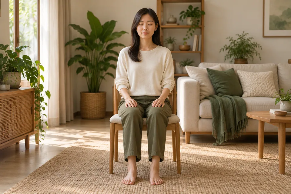 A person sitting comfortably on a chair with eyes closed.