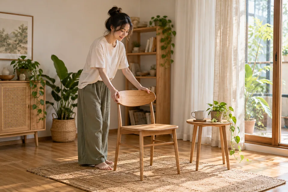 A person preparing a chair beside a morning drink.