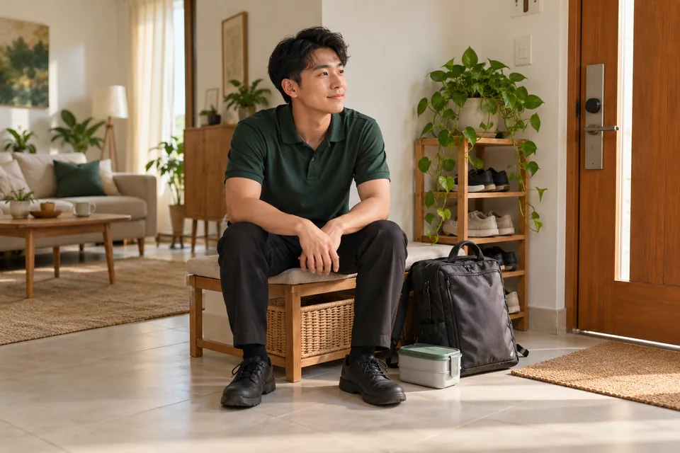 A person sitting quietly beside a packed work bag and lunch container.