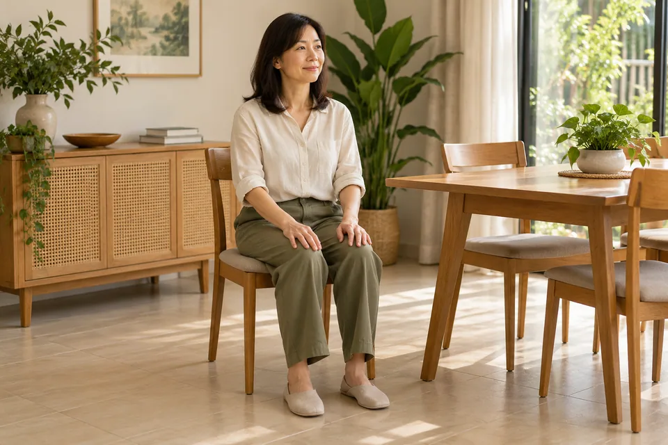 A person sitting with eyes open and both feet on the floor.
