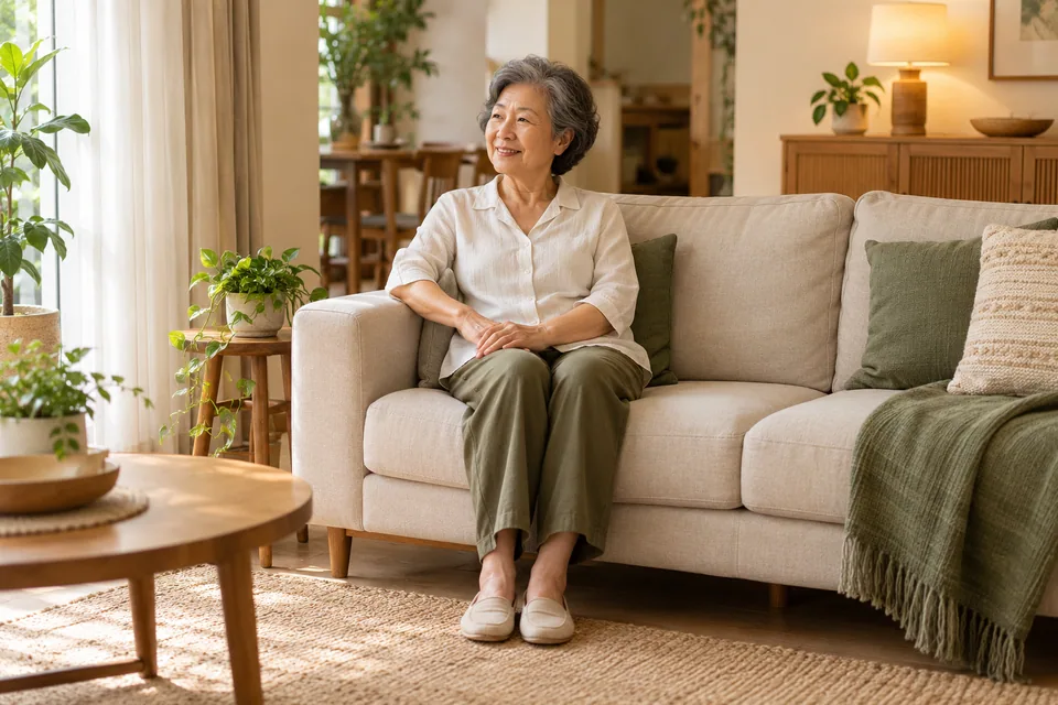 A person seated on a sofa with a cushion behind their back.