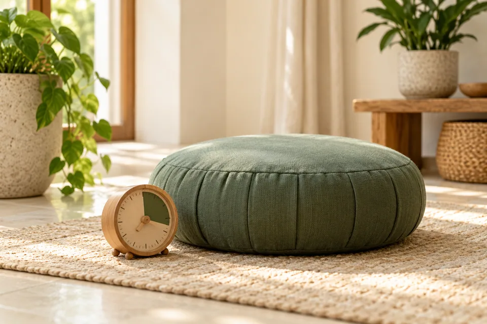 A small timer beside a meditation cushion.