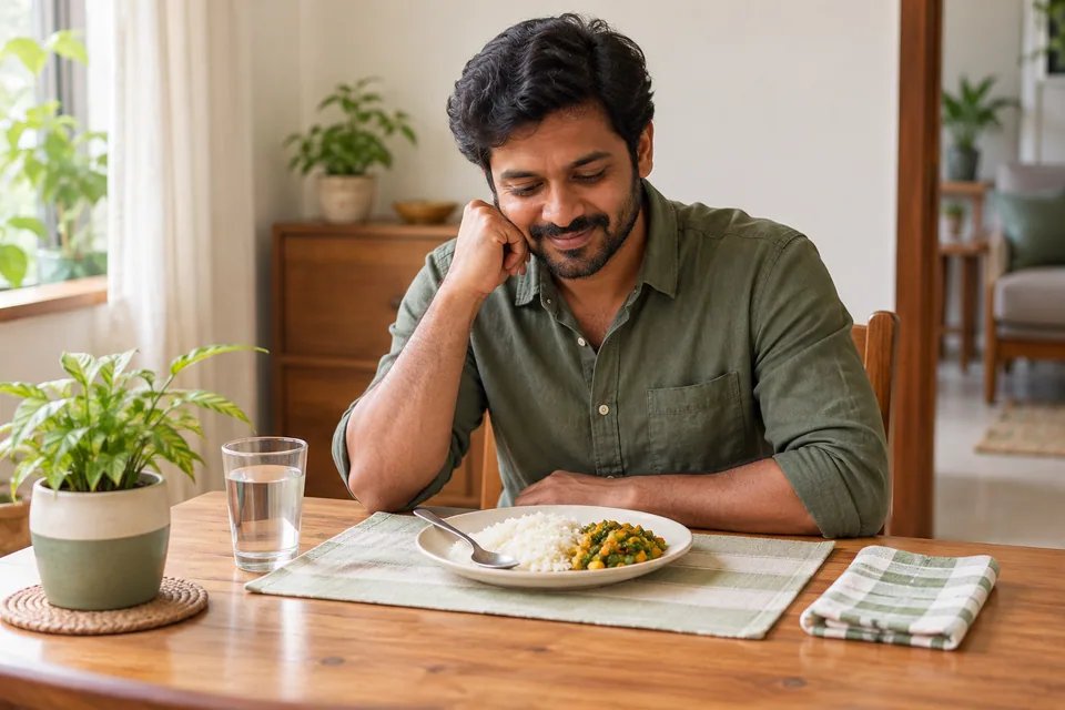 சாப்பிடத் தொடங்குமுன் உணவுத்தட்டைப் பார்க்கும் ஒருவர்.