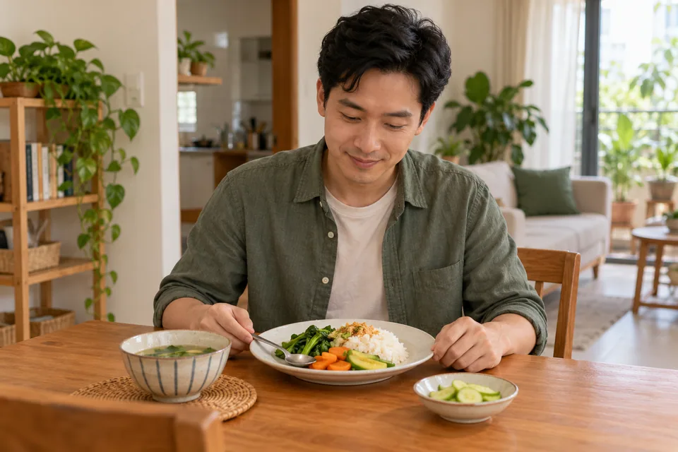 Một người nhìn đĩa cơm và rau trước khi ăn.