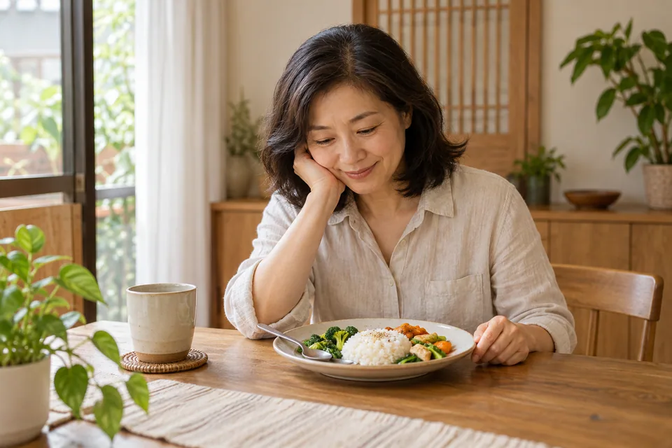 A person pausing to look at a meal before eating.
