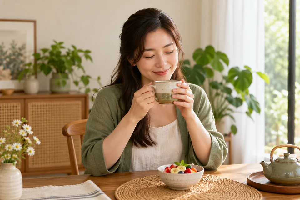A person taking a quiet moment with a warm cup of tea.