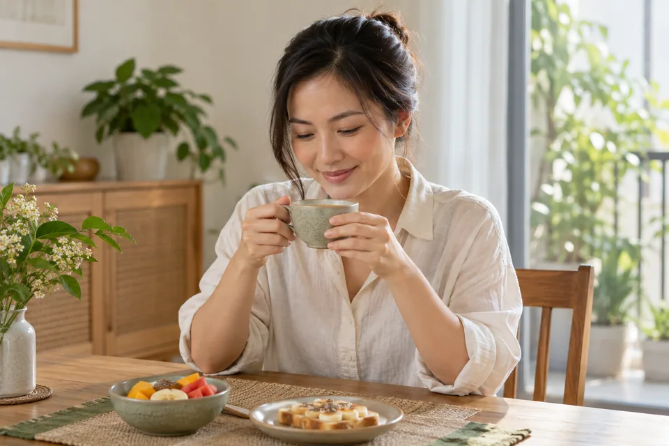 Một người cầm tách trà ấm bên bàn ăn sáng.