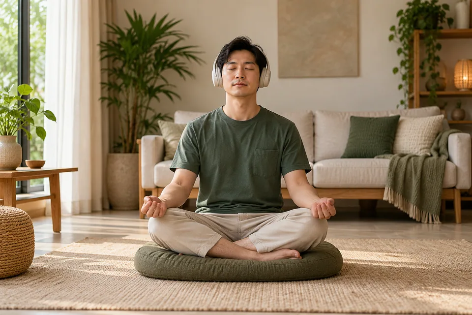 Seseorang duduk dengan tenang memakai fon kepala semasa meditasi berpandu.