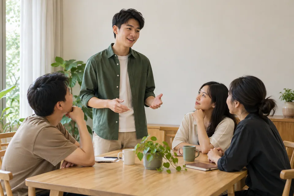 A person speaking to a small group of peers.