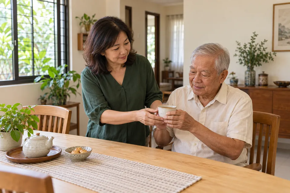 A woman helps an older man hold a cup at a dining table.