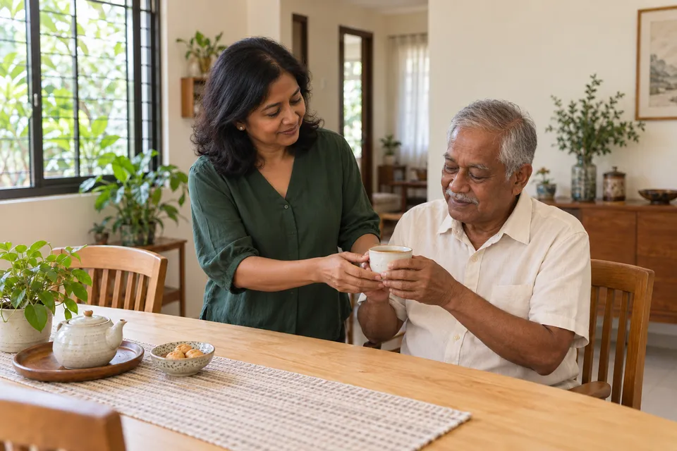 உணவு மேசையில் ஒரு பெண் முதியவருக்குக் கோப்பையைப் பிடிக்க உதவுகிறார்.