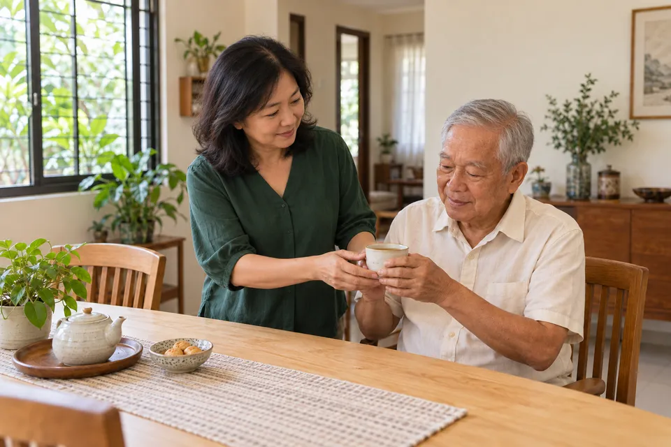 Một phụ nữ giúp người đàn ông lớn tuổi cầm tách tại bàn ăn.