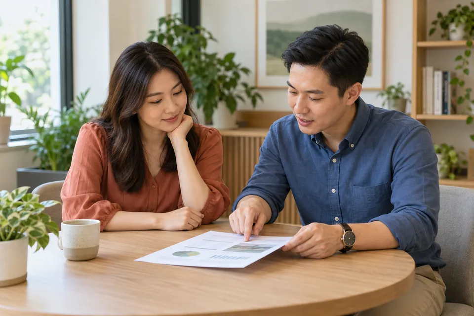 Two colleagues calmly reviewing a printed report together.