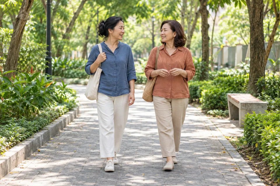 Hai phụ nữ đi cạnh nhau và trò chuyện trên lối đi rợp bóng cây trong công viên.