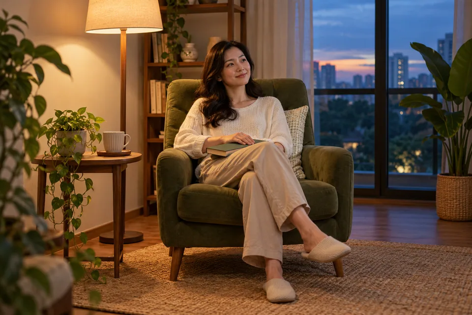 A person relaxing in an armchair beside a reading lamp.