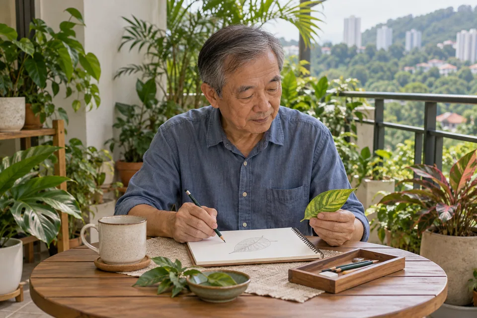 A person sketching a leaf at a balcony table.