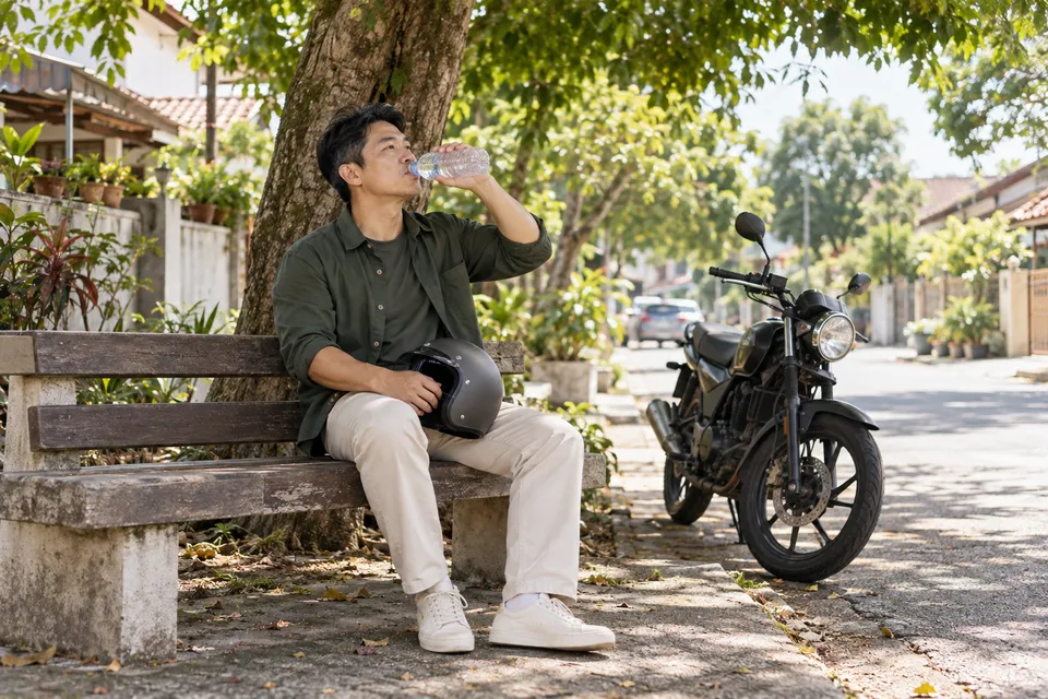 A man drinks water on a bench with a motorcycle helmet on his lap and a motorcycle nearby.