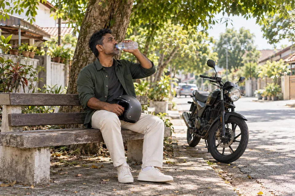 ஒரு ஆண் பெஞ்சில் அமர்ந்து தண்ணீர் குடிக்கிறார்; மடியில் தலைக்கவசமும் அருகில் மோட்டார் சைக்கிளும் உள்ளன.