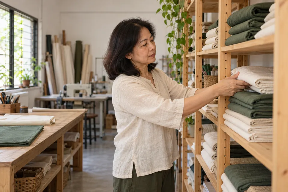 A woman arranges folded cream and green fabric on wooden shelves.