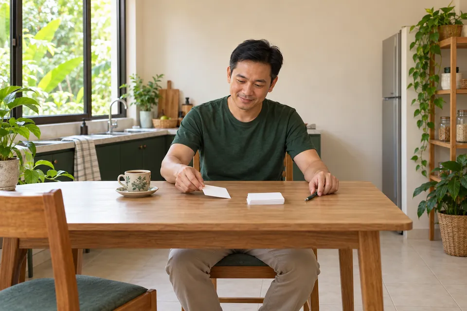 A man slides a blank card from a small stack at a kitchen table beside a pen and cup of coffee.