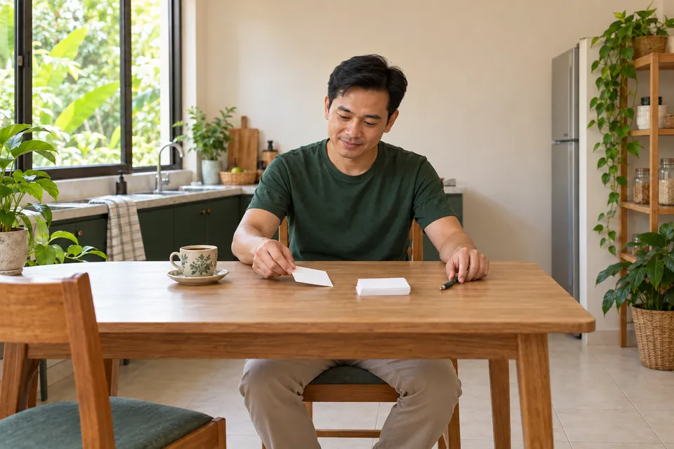 Một người đàn ông lấy một tấm thẻ trắng từ chồng thẻ nhỏ trên bàn bếp, cạnh bút và tách cà phê.
