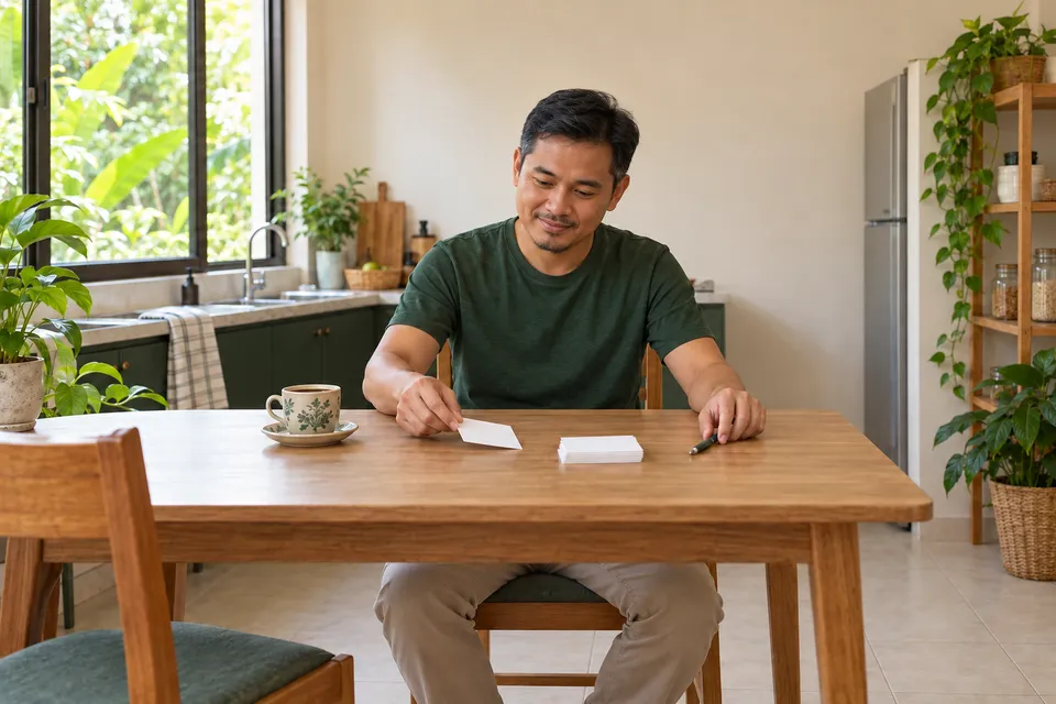 Seorang lelaki mengalihkan kad kosong daripada timbunan kecil di meja dapur, bersebelahan pen dan secawan kopi.