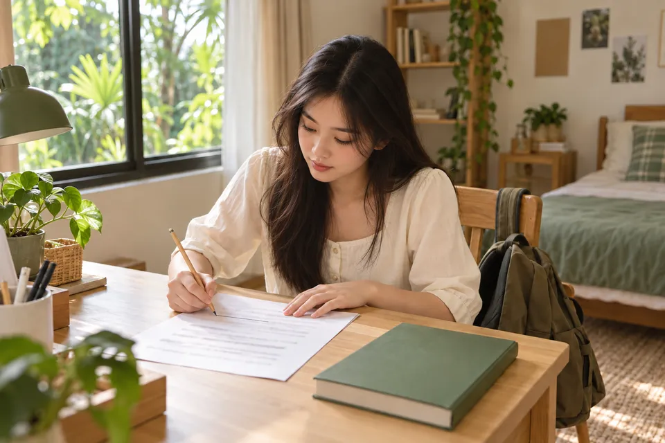 Một phụ nữ trẻ gạch dưới những dòng ghi chú mờ trên tờ giấy ở bàn, cạnh cuốn sách đã đóng và ba lô.