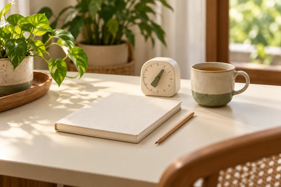 A notebook, pencil and timer arranged on a desk.