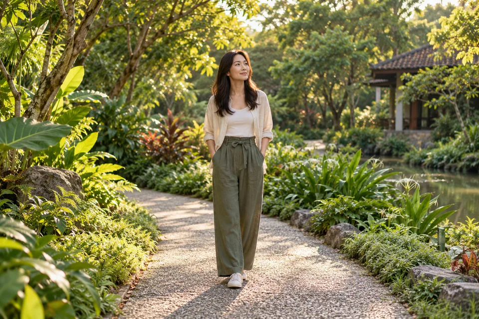A person pausing on a quiet garden path.