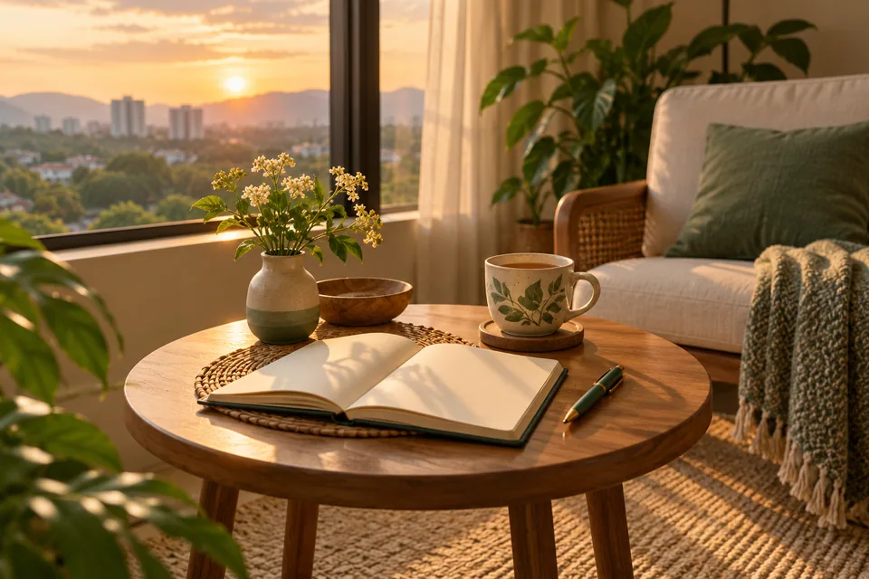 A journal, pen and tea set out for a quiet reflection.