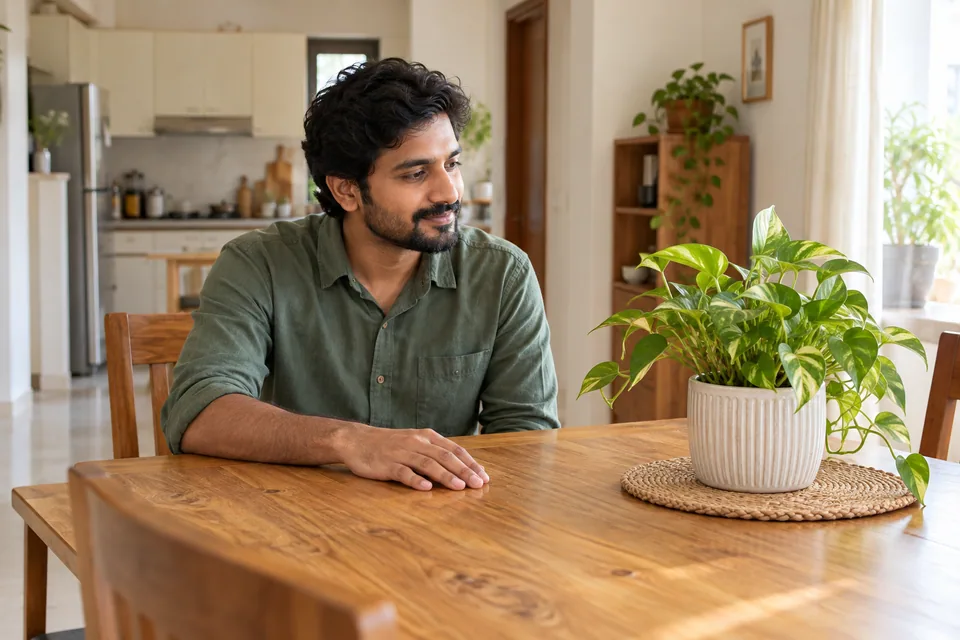 செடியைப் பார்த்தபடி மரமேசையின் மீது கையை வைத்திருக்கும் ஒருவர்.