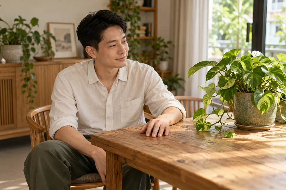 A person resting a hand on a wooden table while looking around.