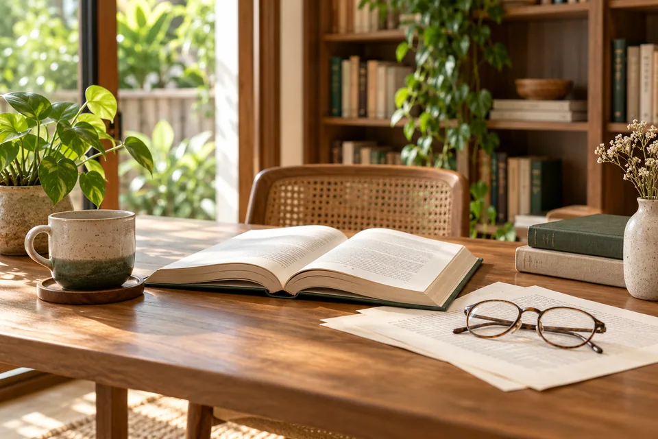 An open reference book, papers and reading glasses on a table.