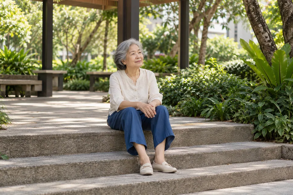 An older person resting on a shaded garden step.