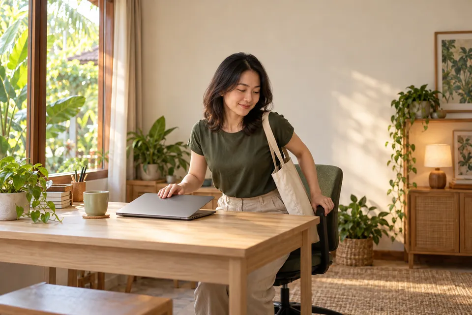 A woman with a canvas bag on her shoulder closes a laptop with one hand and holds a chair with the other.