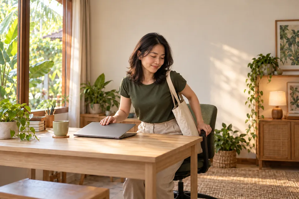 Một phụ nữ đeo túi vải trên vai dùng một tay đóng máy tính xách tay và tay kia giữ ghế.