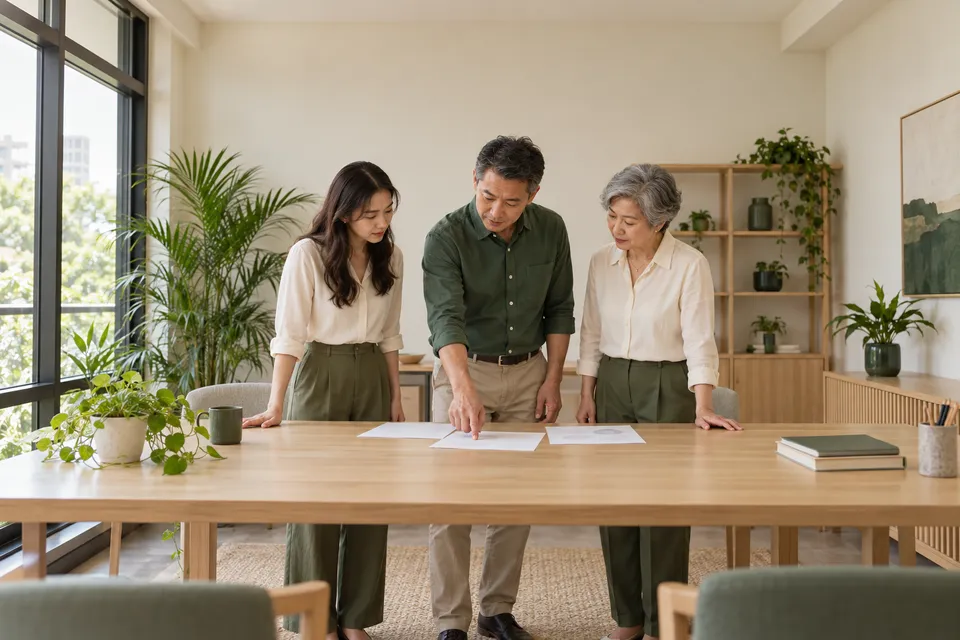Three adults review papers together at an office table.